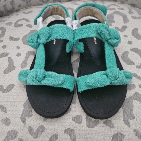 Stuart Weitzman Bandeau Terry Cloth Bow Green Black Gold Open Toe Sandal NEW - Picture 2 of 15